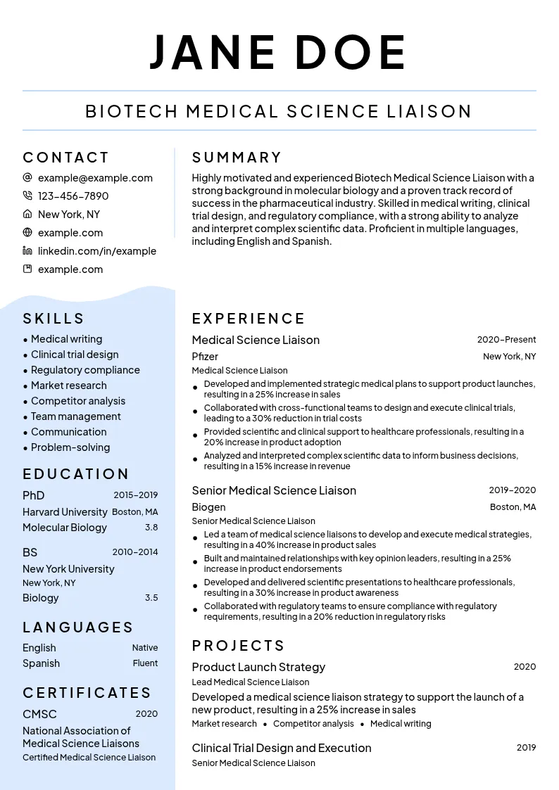 Biotech Medical Science Liaison resume example