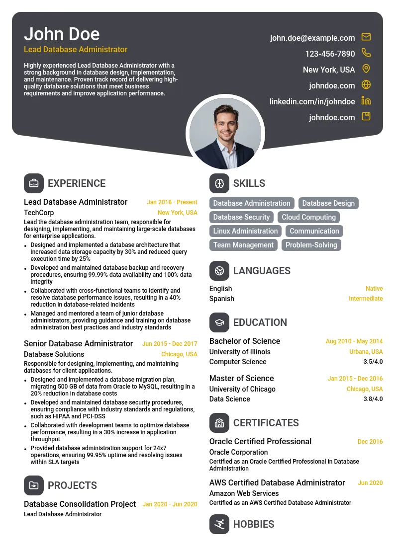 lead Database Administrator resume example
