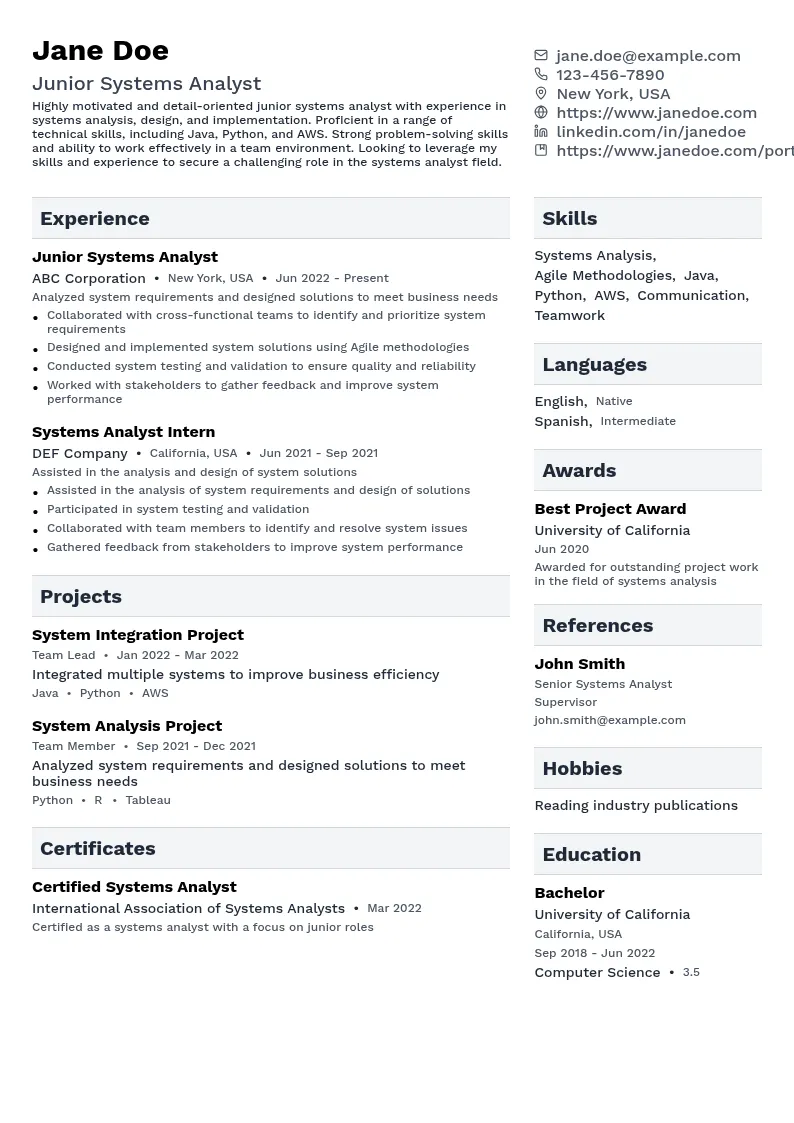 Junior Systems Analyst resume example