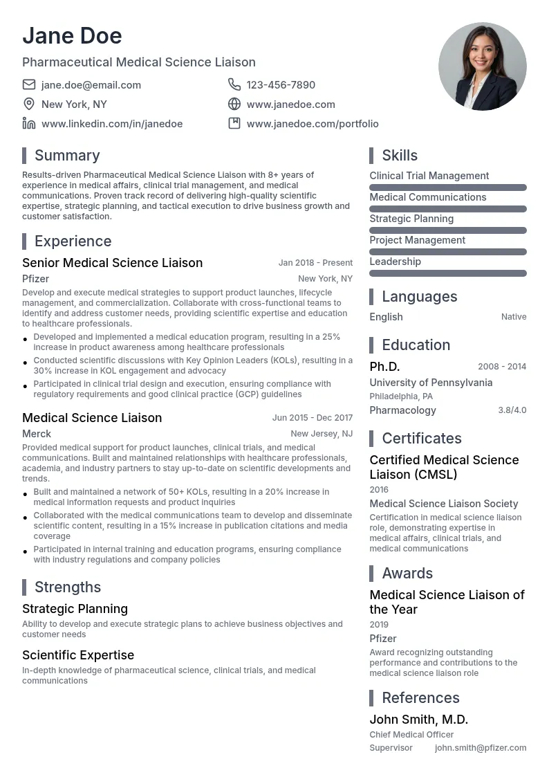 Pharmaceutical Medical Science Liaison resume example