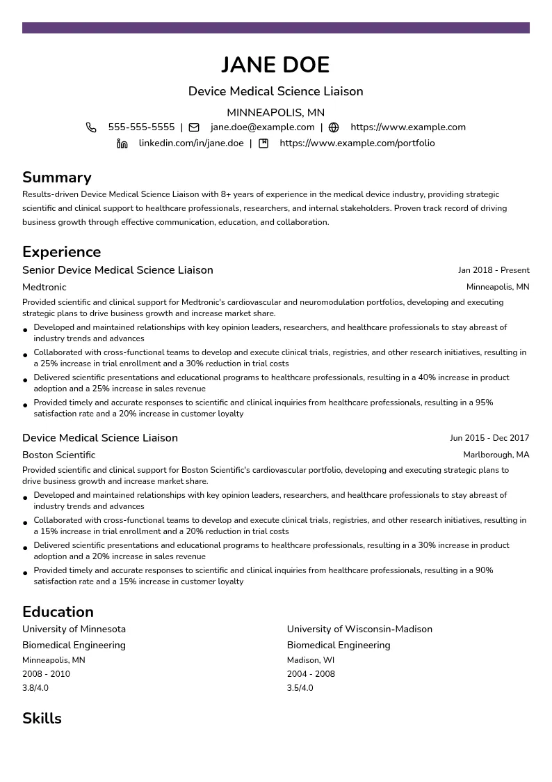 Device Medical Science Liaison resume example