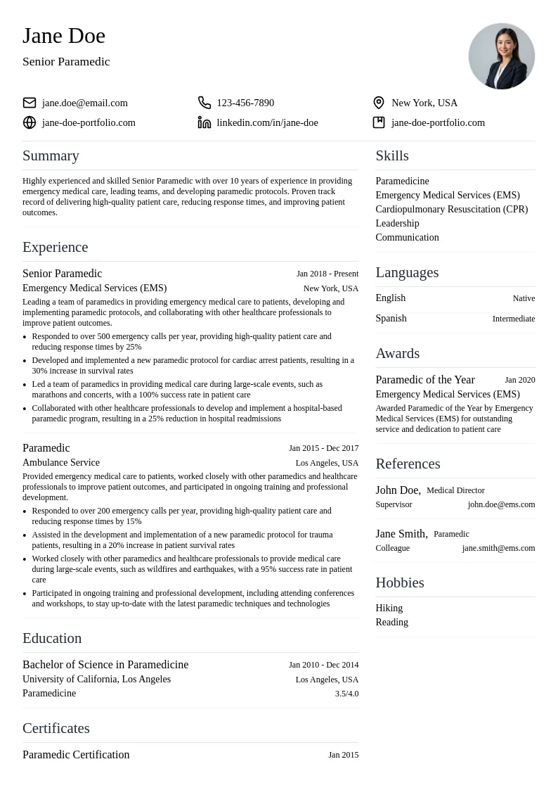 Senior Paramedic resume example