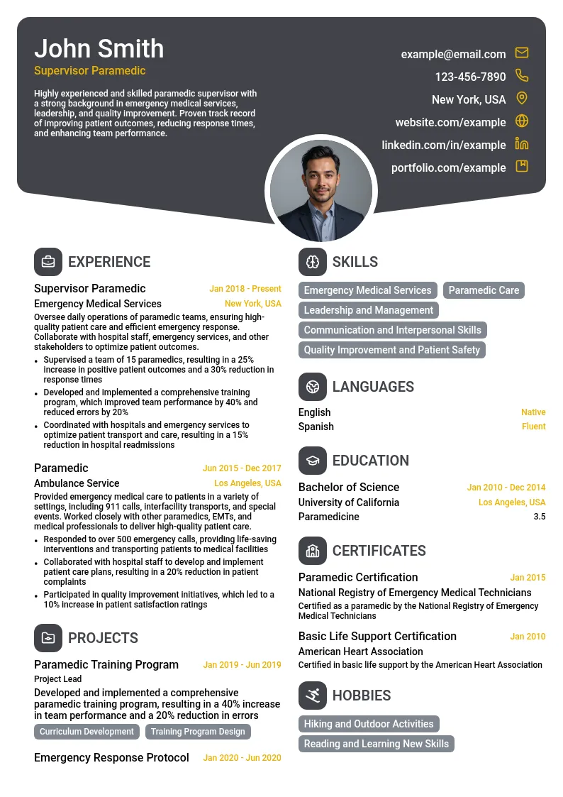 Supervisor Paramedic resume example