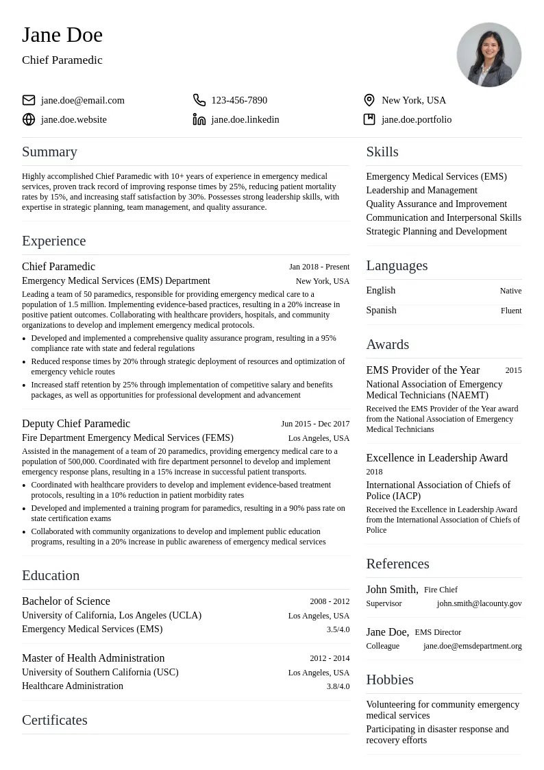 Chief Paramedic resume example