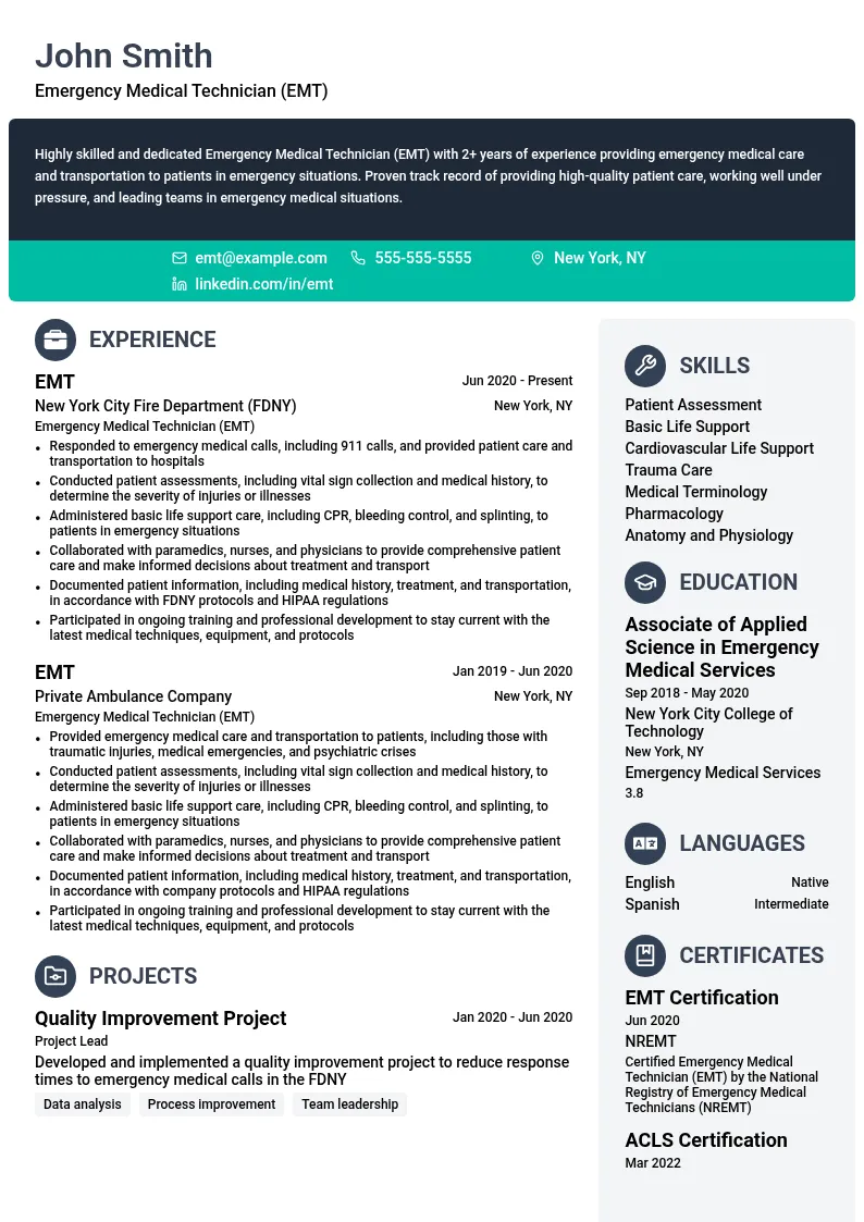 Emergency Medical Technician (EMT) resume example