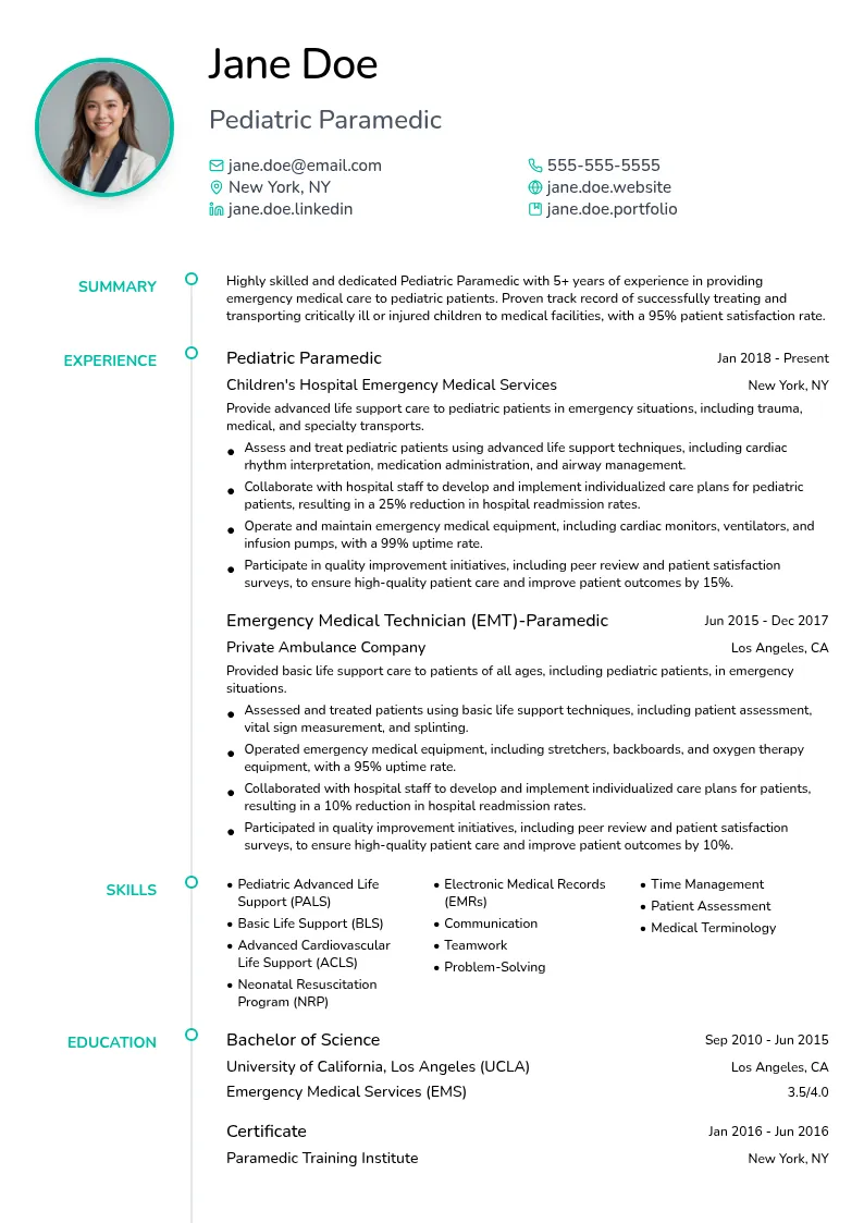Pediatric Paramedic resume example