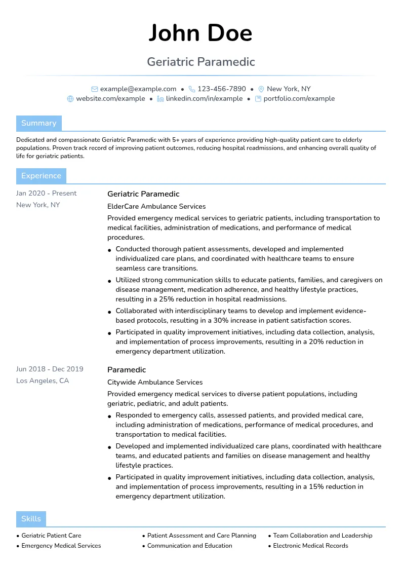 Geriatric Paramedic resume example