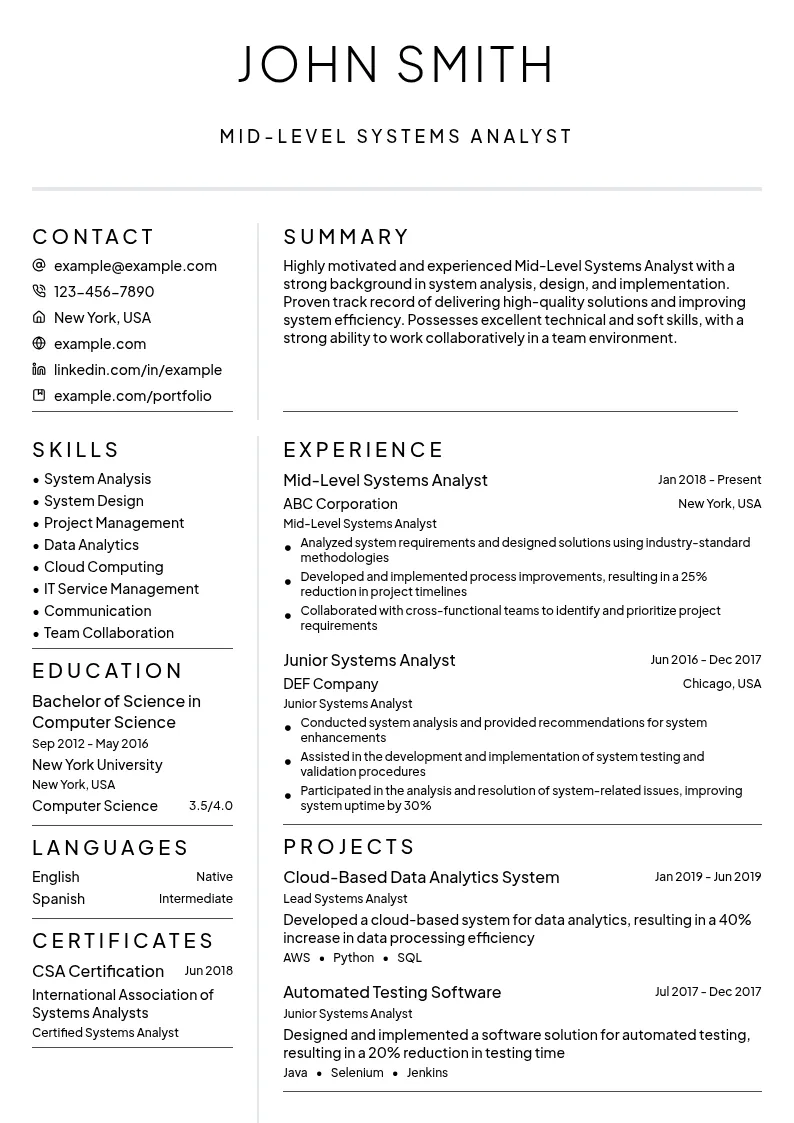 Mid-Level Systems Analyst resume example