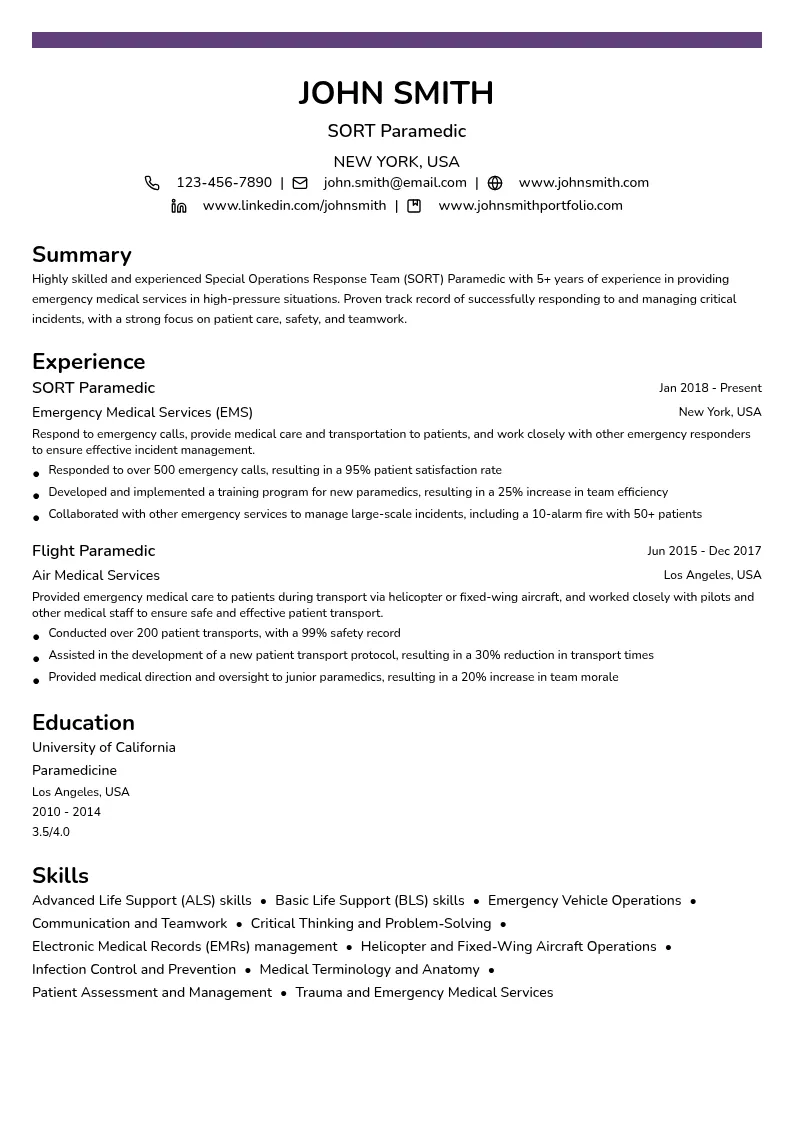 Special Operations Response Team (SORT) Paramedic resume example