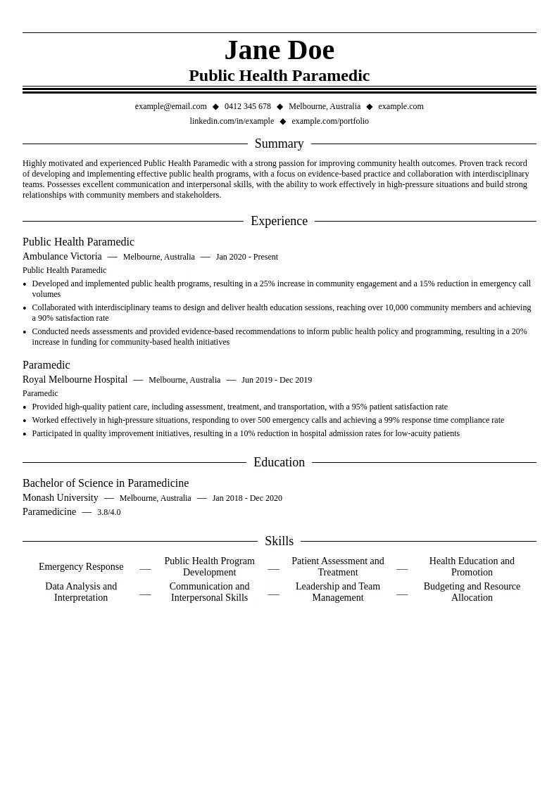 Public Health Paramedic resume example