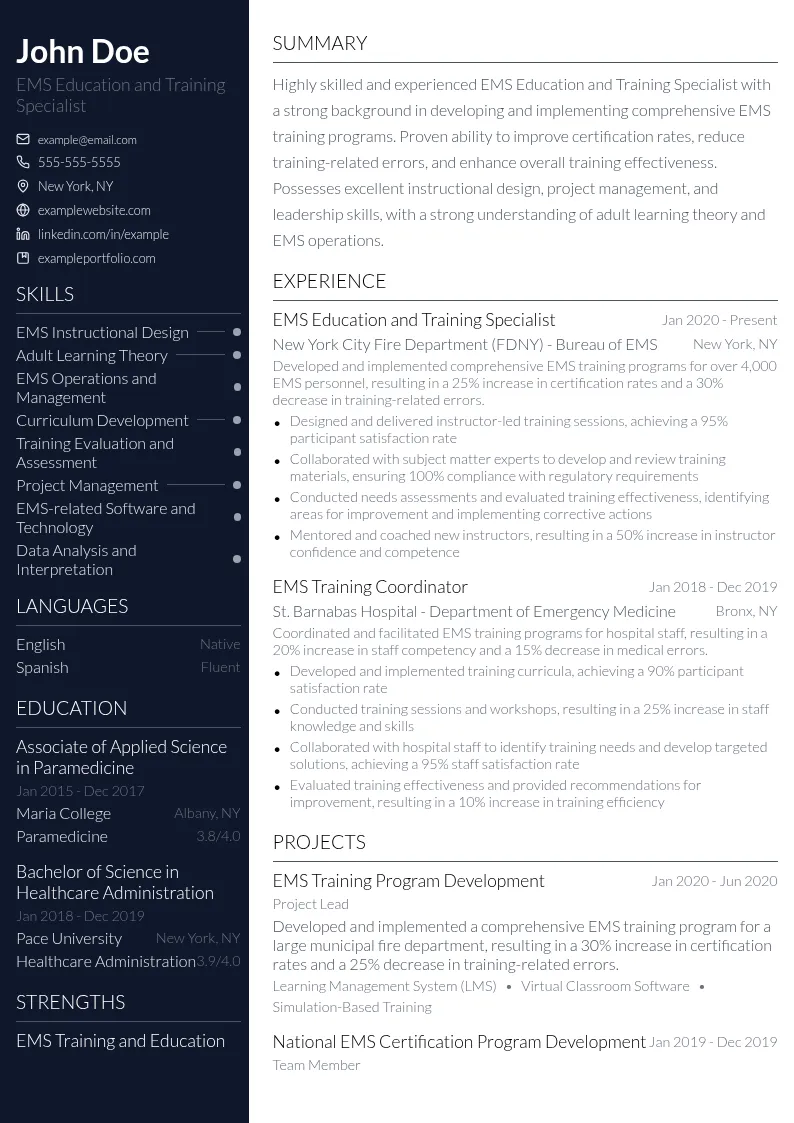  EMS Education and Training Specialist resume example