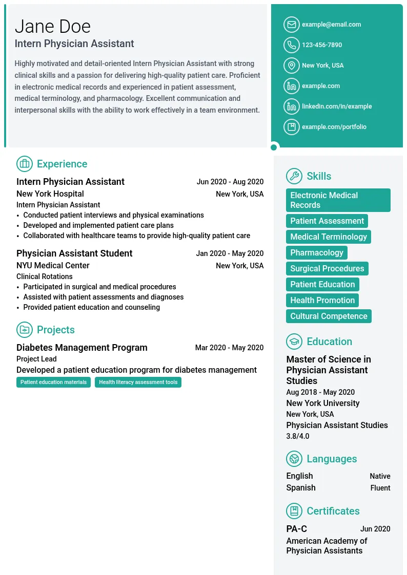 Intern Physician Assistant resume example
