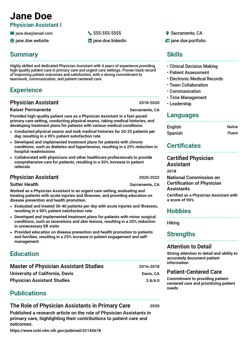 Physician Assistant I resume example