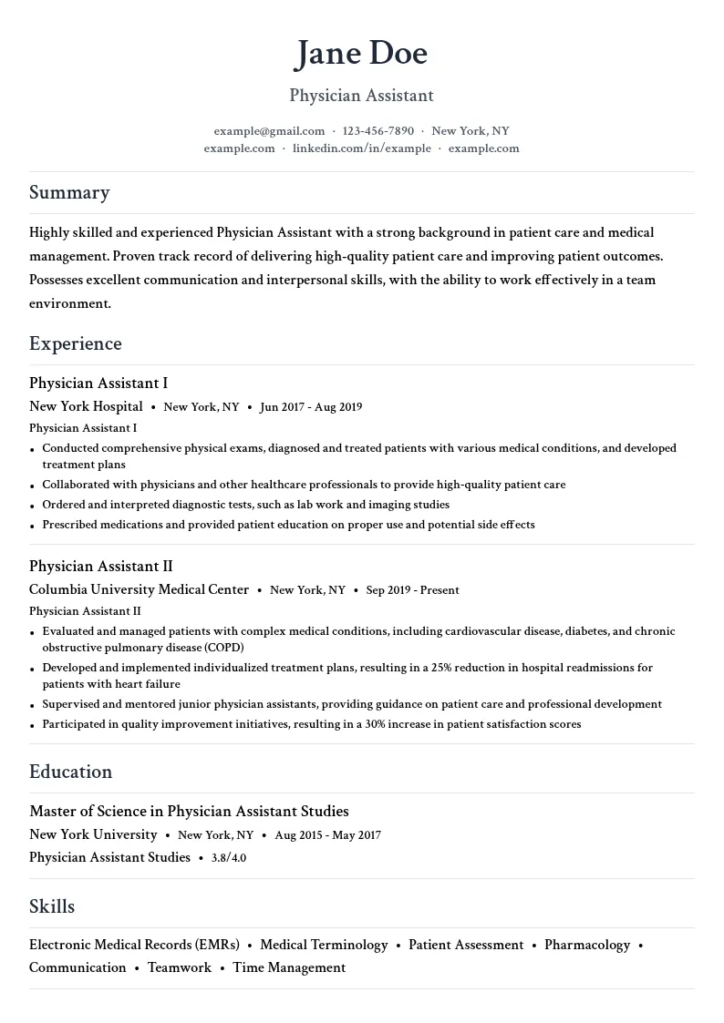 Physician Assistant II resume example