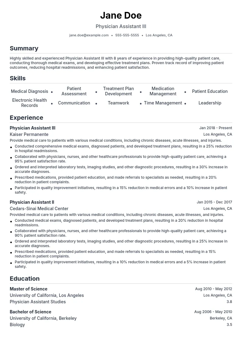 Physician Assistant III resume example