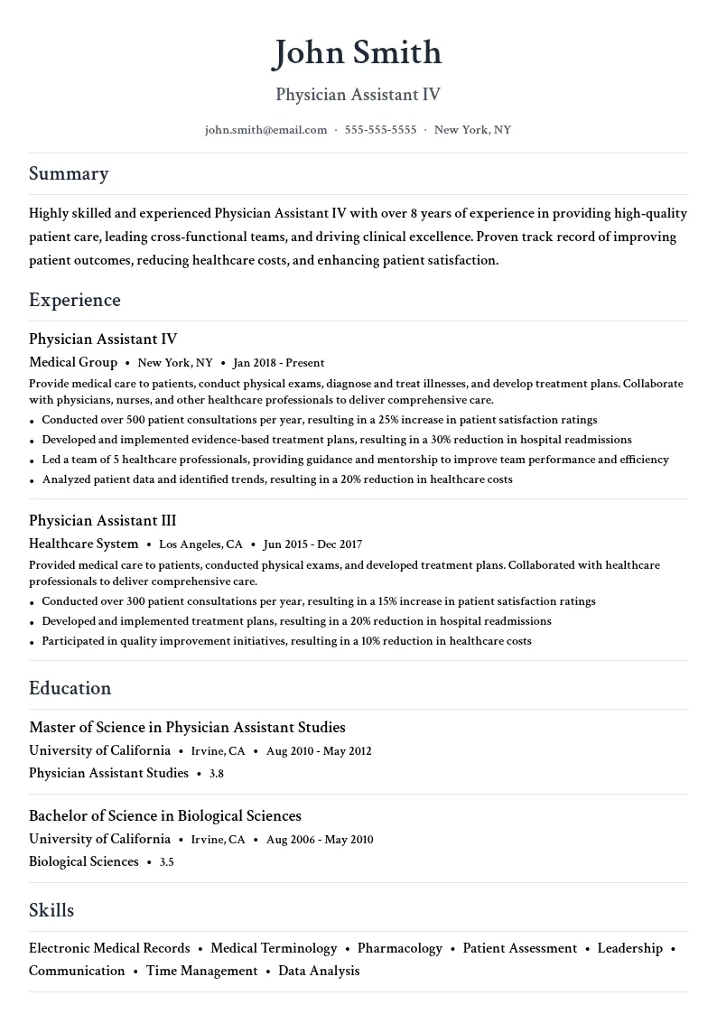 Physician Assistant IV resume example