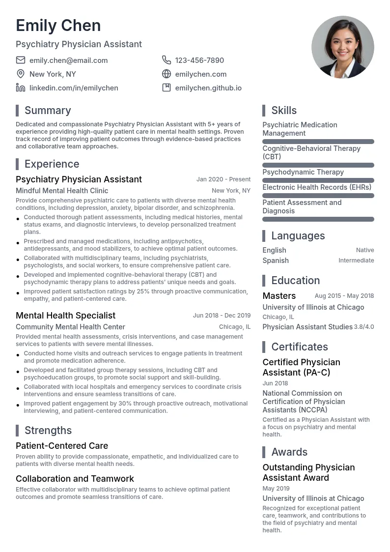 Psychiatry Physician Assistant resume example