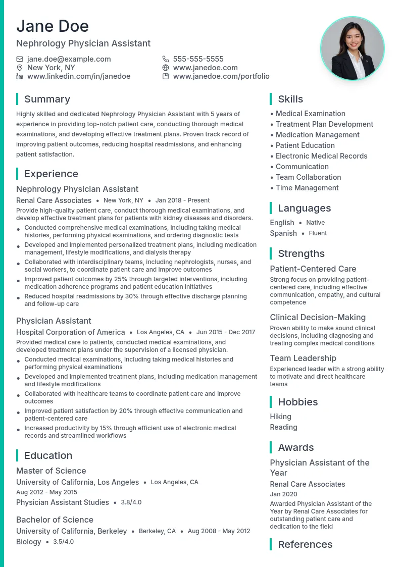 Nephrology Physician Assistant resume example