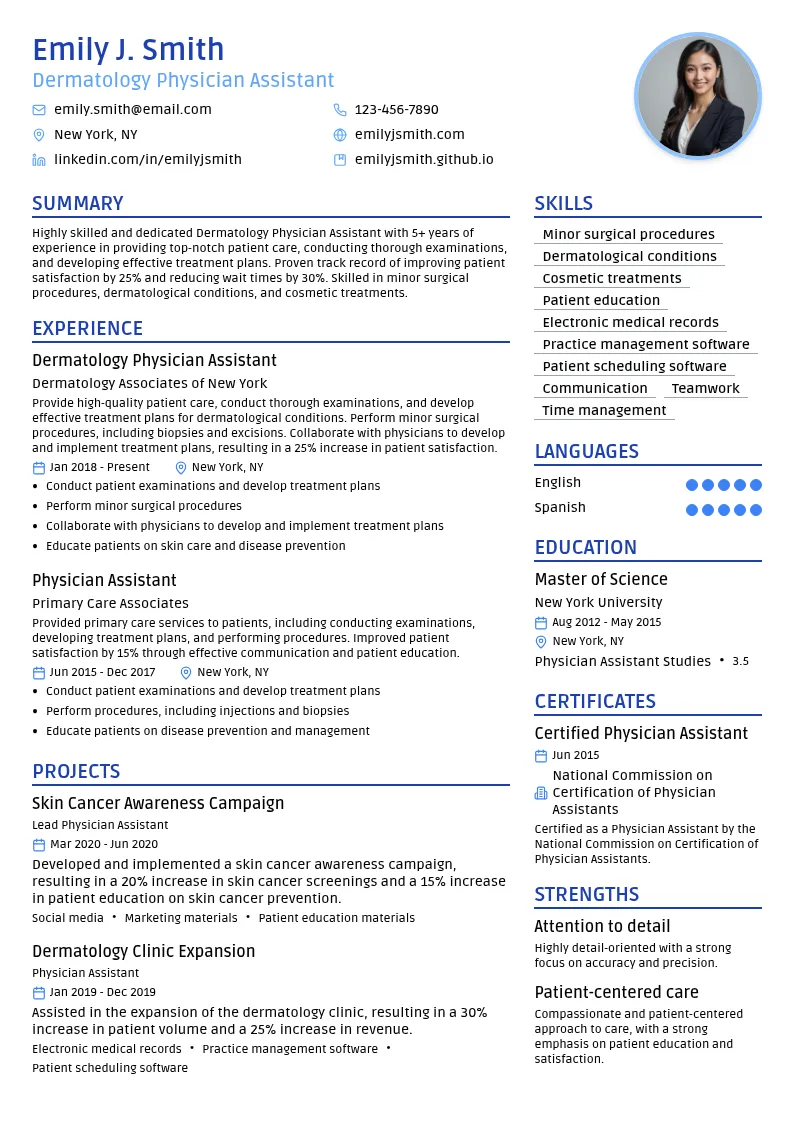 Dermatology Physician Assistant resume example