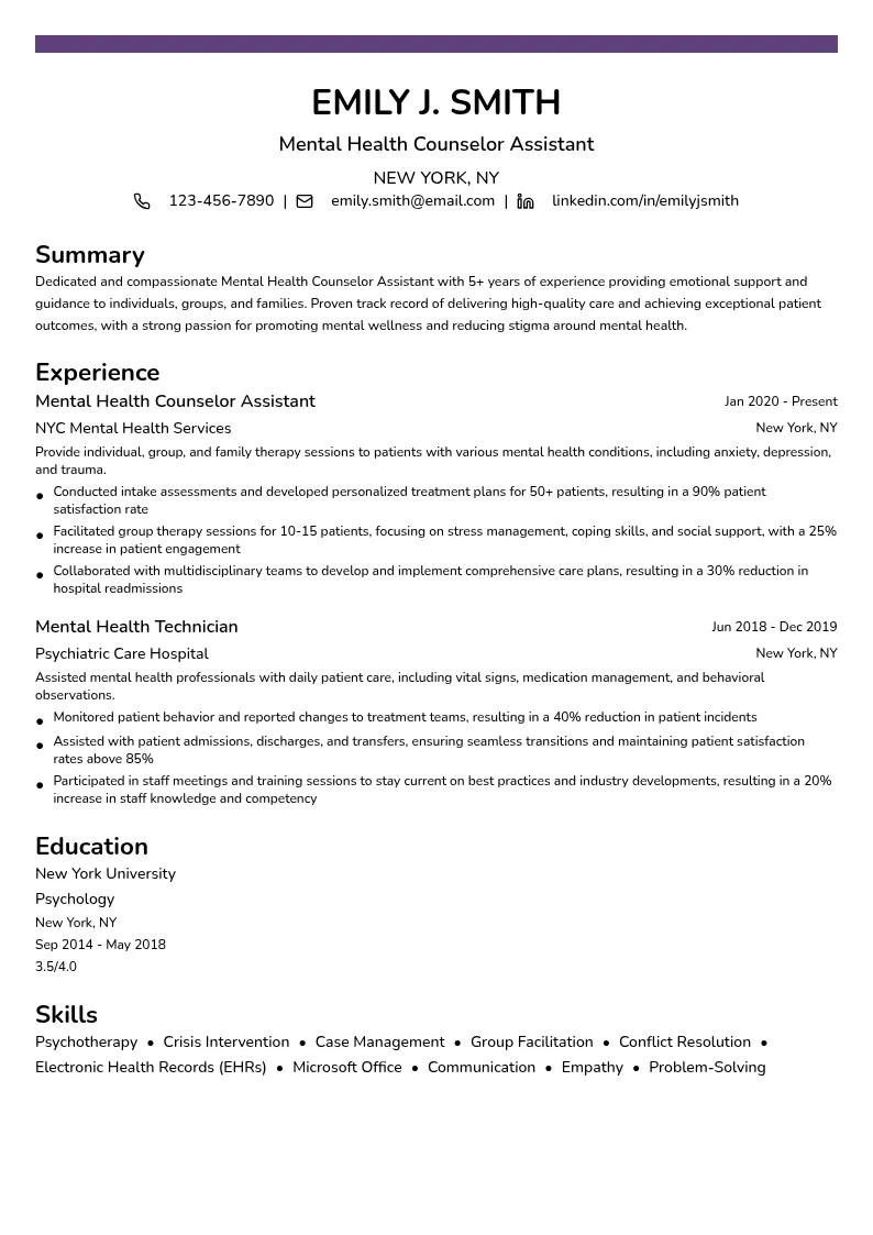 Mental Health Counselor Assistant resume example