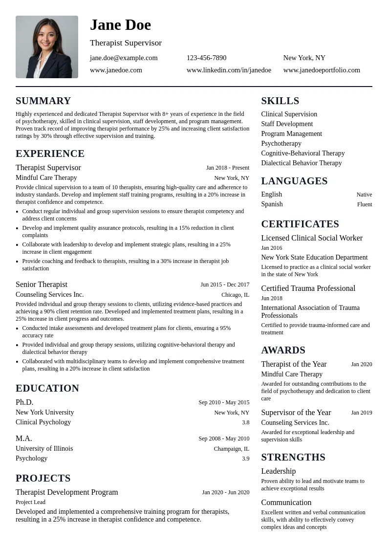 Therapist Supervisor resume example