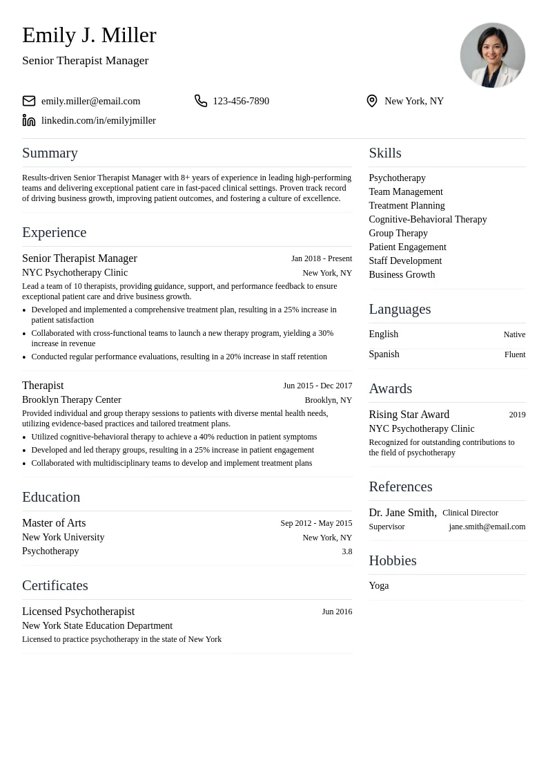 Senior Therapist Manager resume example
