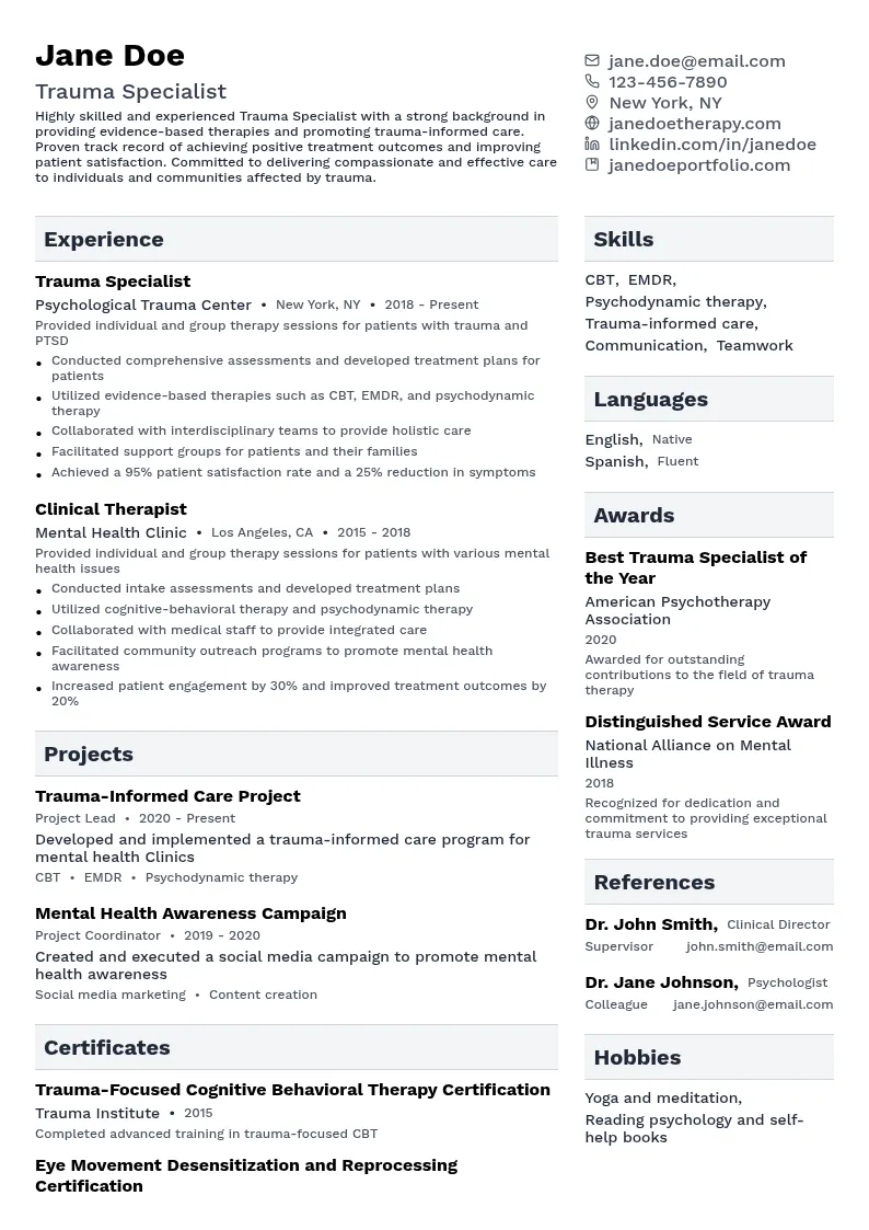 Trauma Specialist resume example