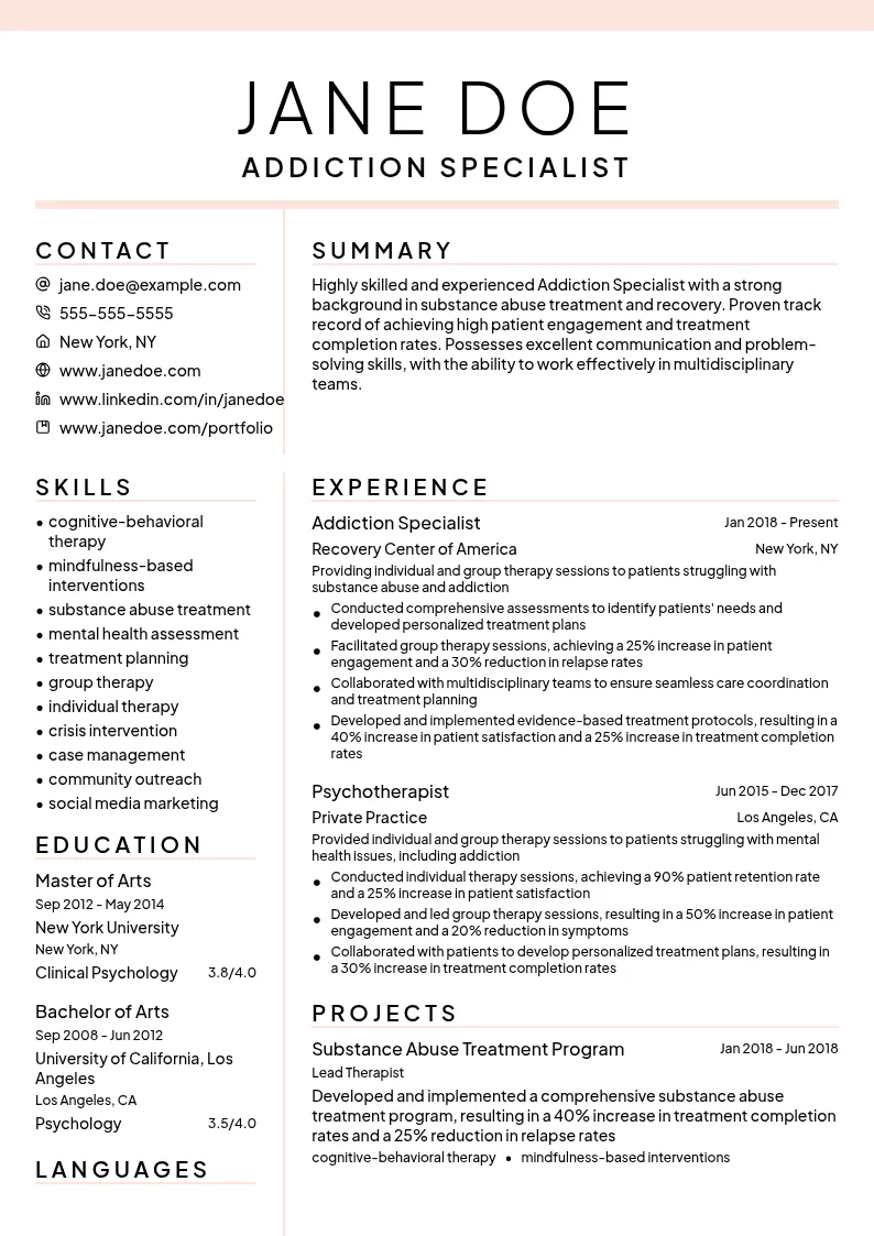 Addiction Specialist resume example