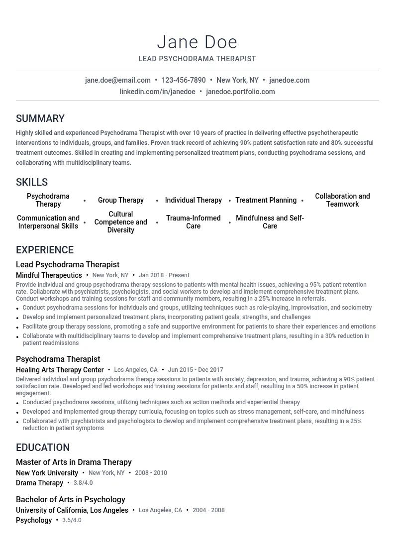 Psychodrama Therapist resume example