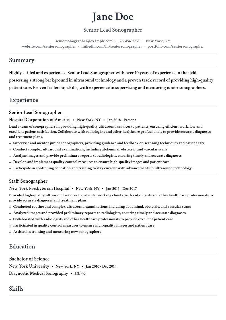 Senior Lead Sonographer resume example