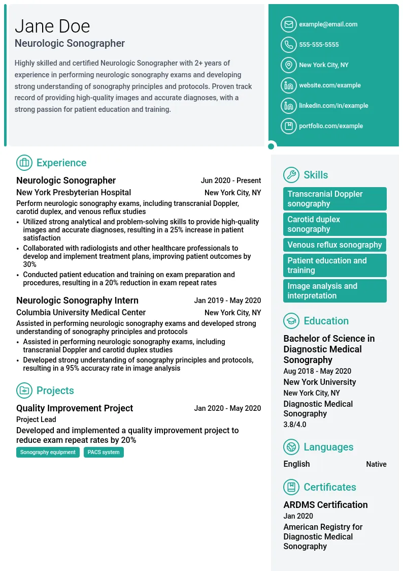Neurologic Sonographer resume example