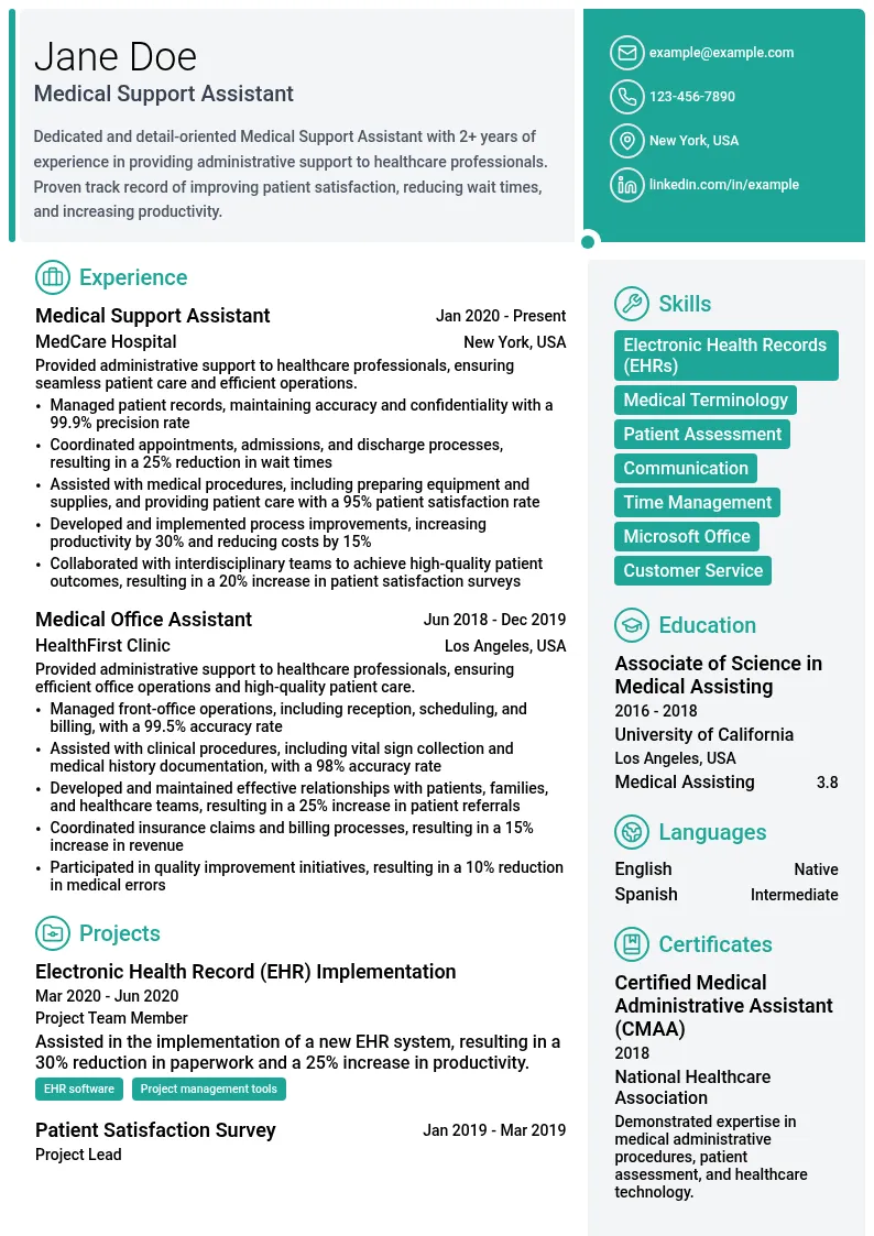 Medical Support Assistant resume example