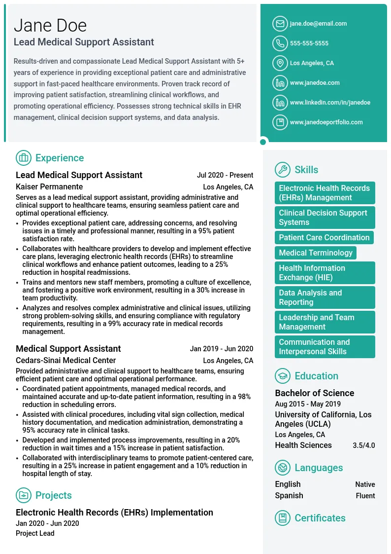 Lead Medical Support Assistant resume example
