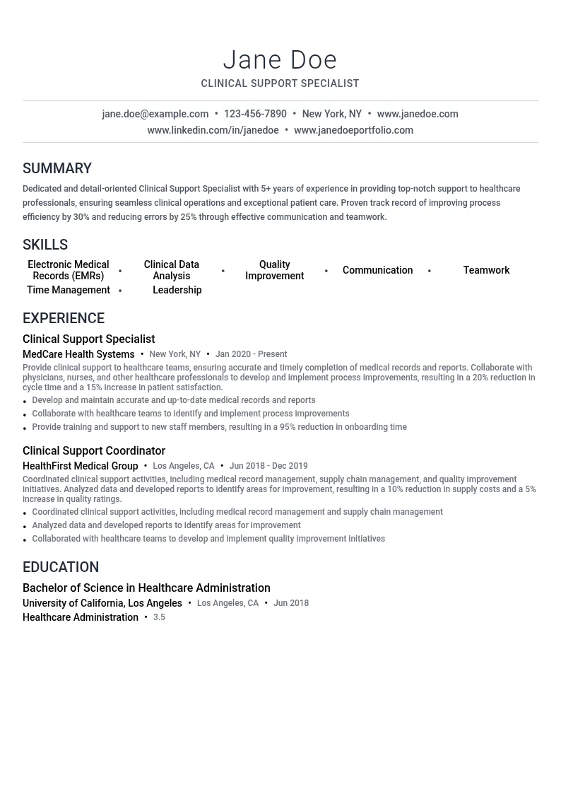 Clinical Support Specialist resume example