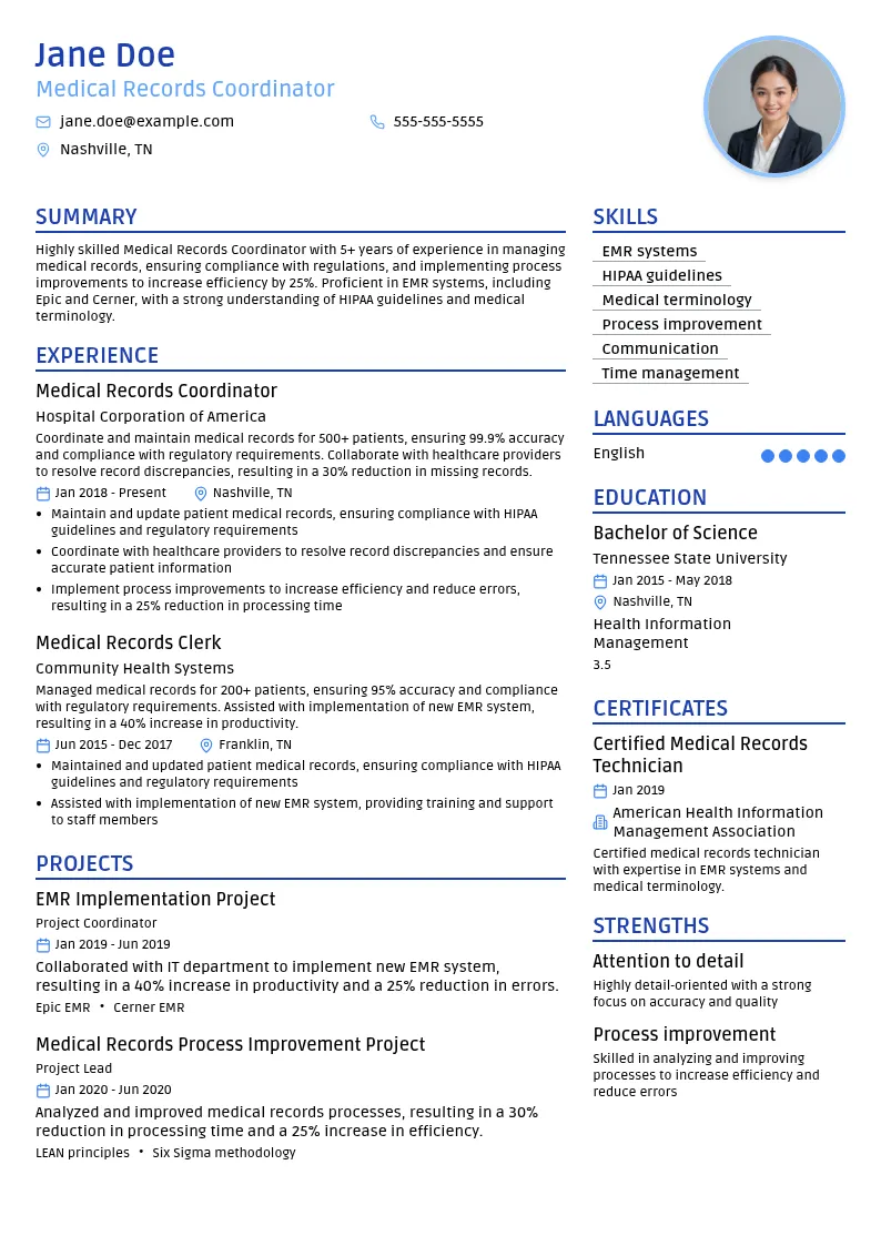 Medical Records Coordinator resume example