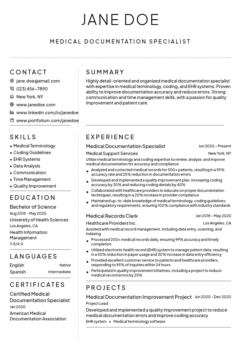 Medical Documentation Specialist resume example