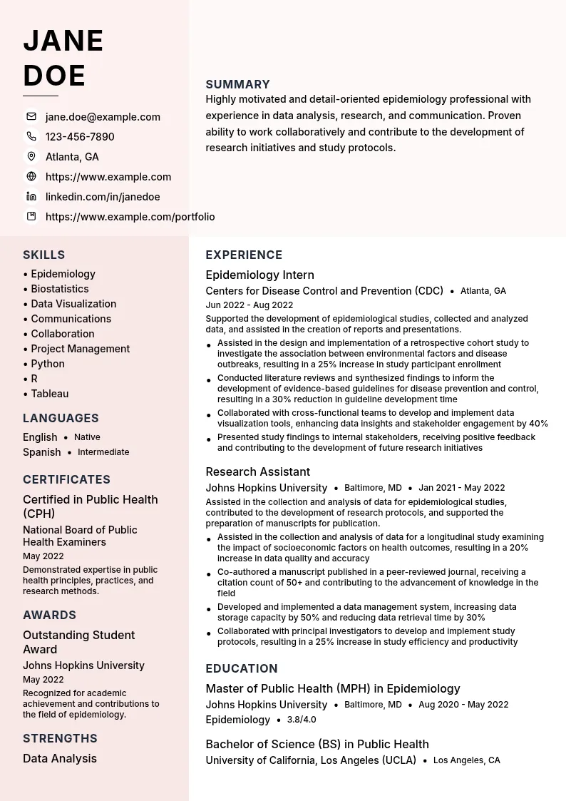Epidemiologist Intern resume example