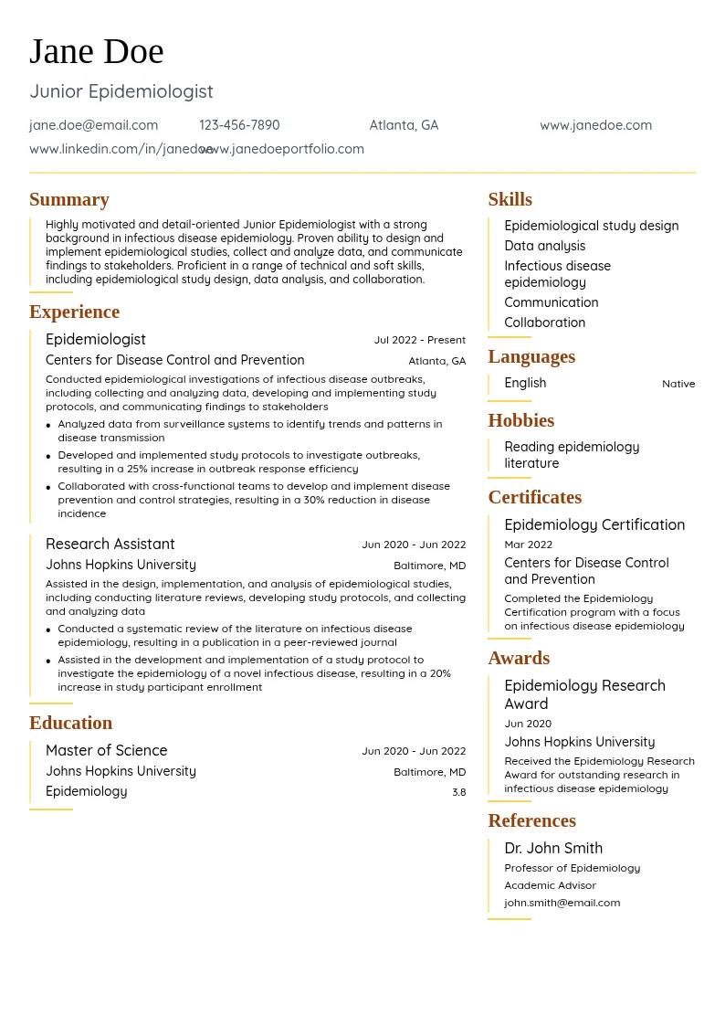 Junior Epidemiologist resume example