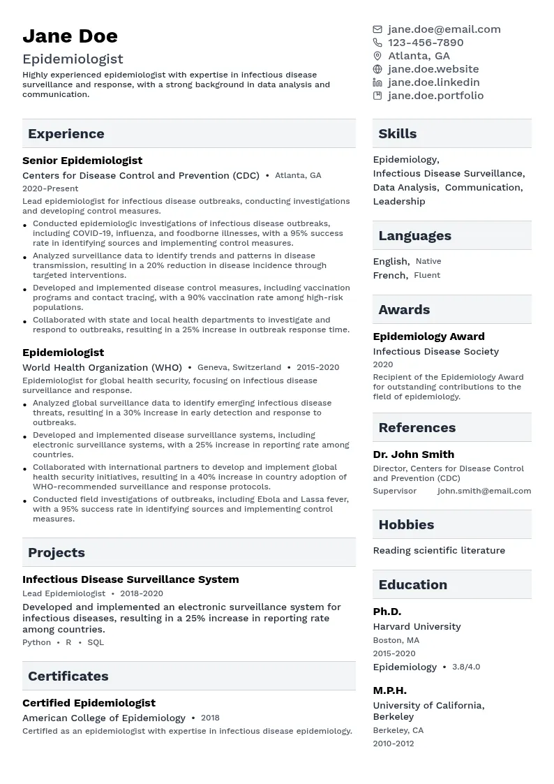 Epidemiologist resume example