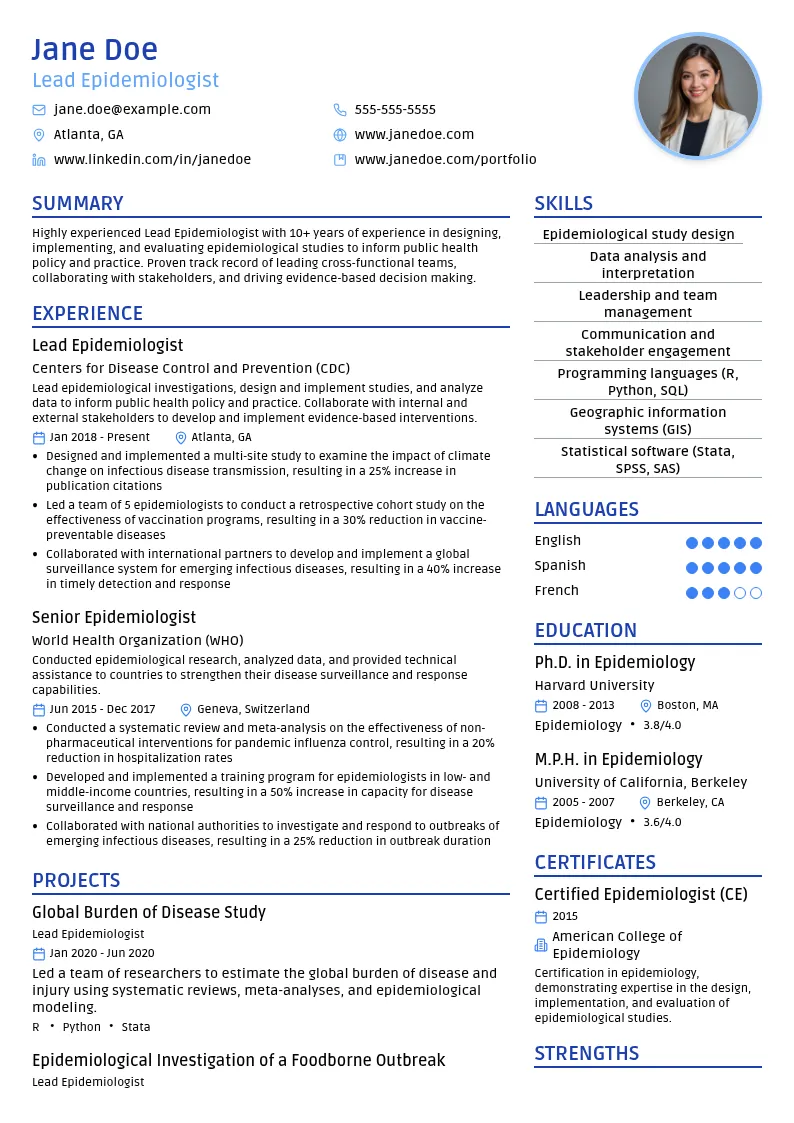Lead Epidemiologist resume example