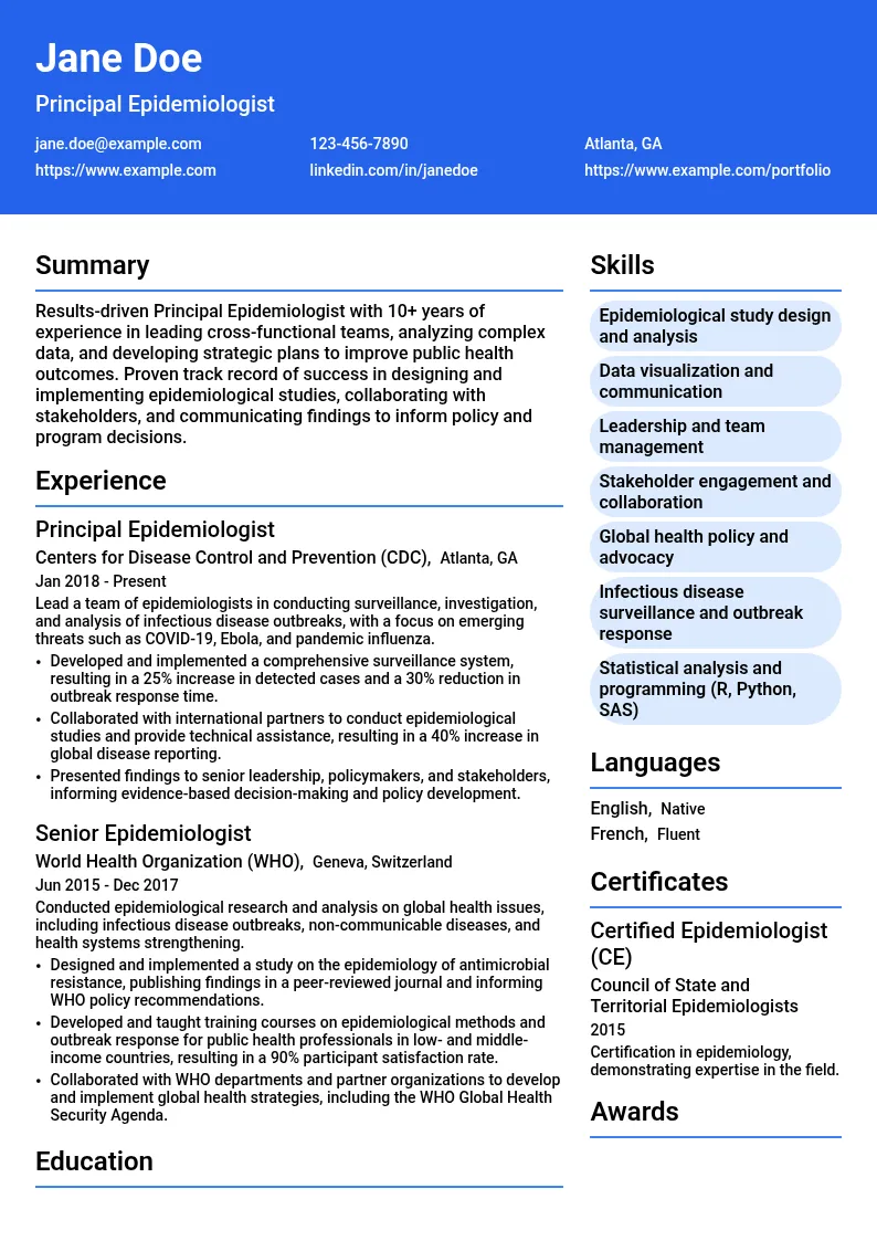 Principal Epidemiologist resume example