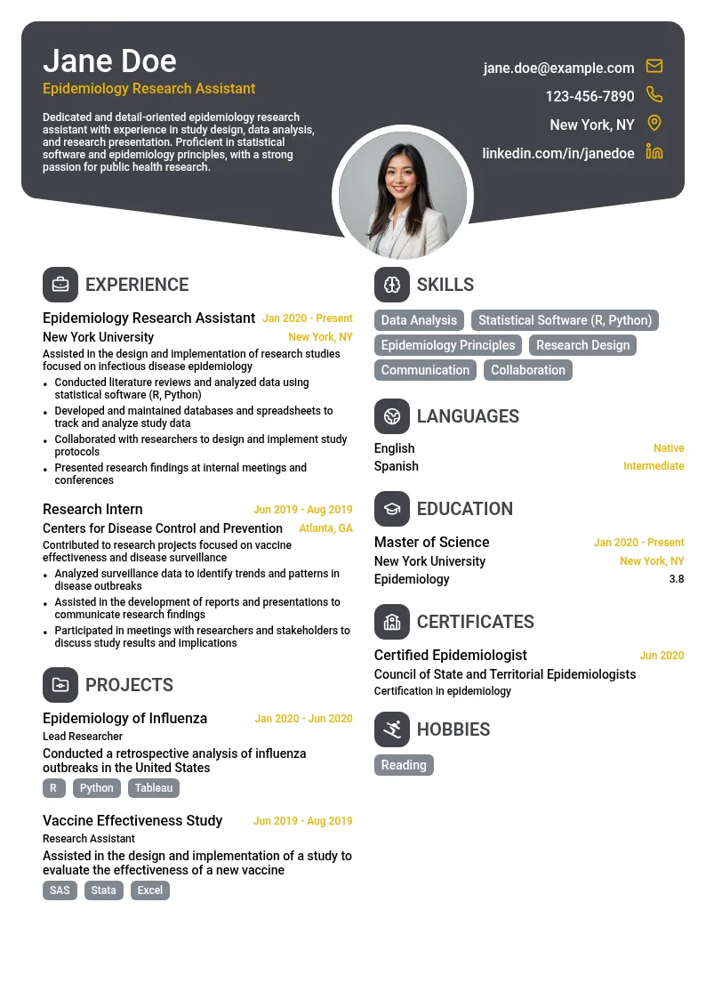 Epidemiology Research Assistant resume example