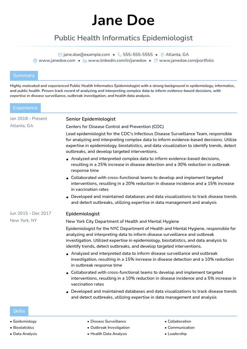 Public Health Informatics Epidemiologist resume example