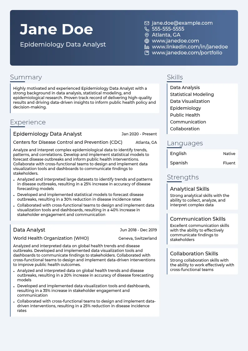 Epidemiology Data Analyst resume example
