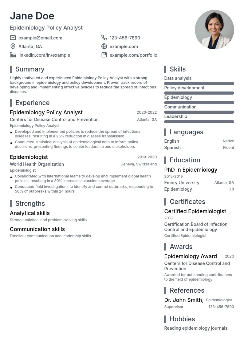 Epidemiology Policy Analyst resume example