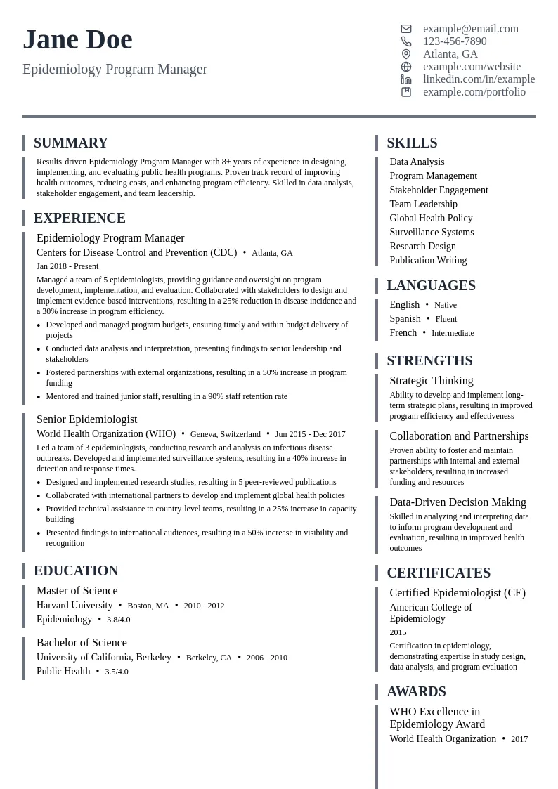 Epidemiology Program Manager resume example