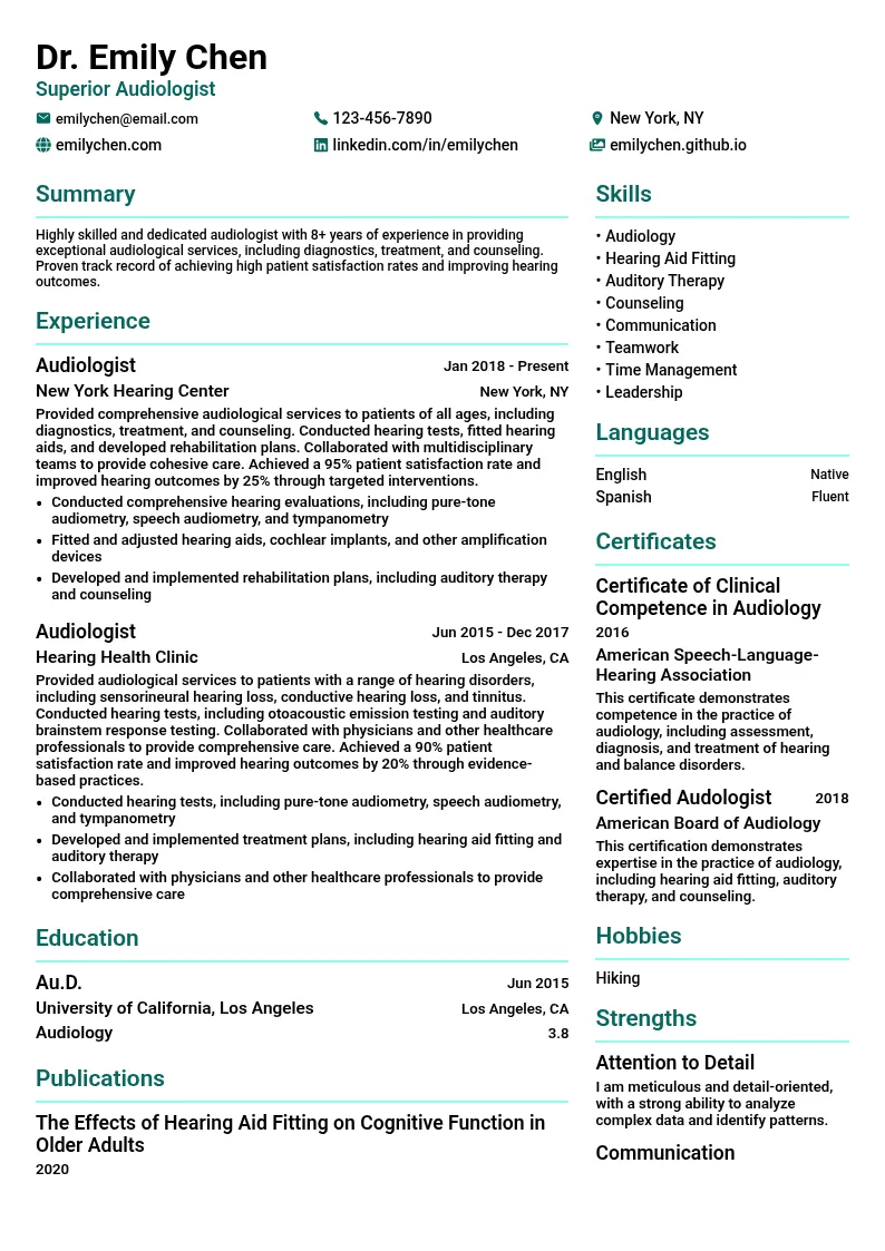 Superior Audiologist resume example