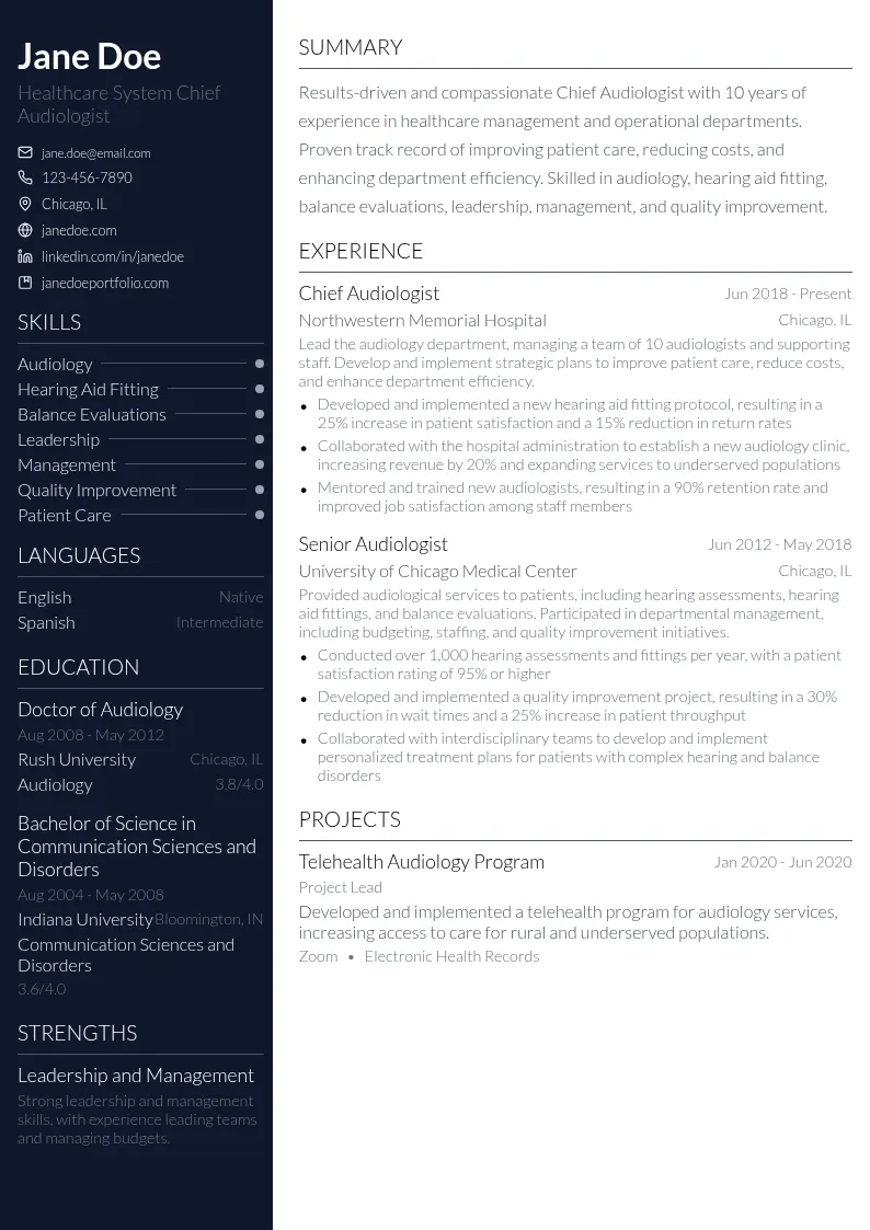 Healthcare System Chief Audiologist. Lead roles are varied to management and operational departments such as service and department management. resume example