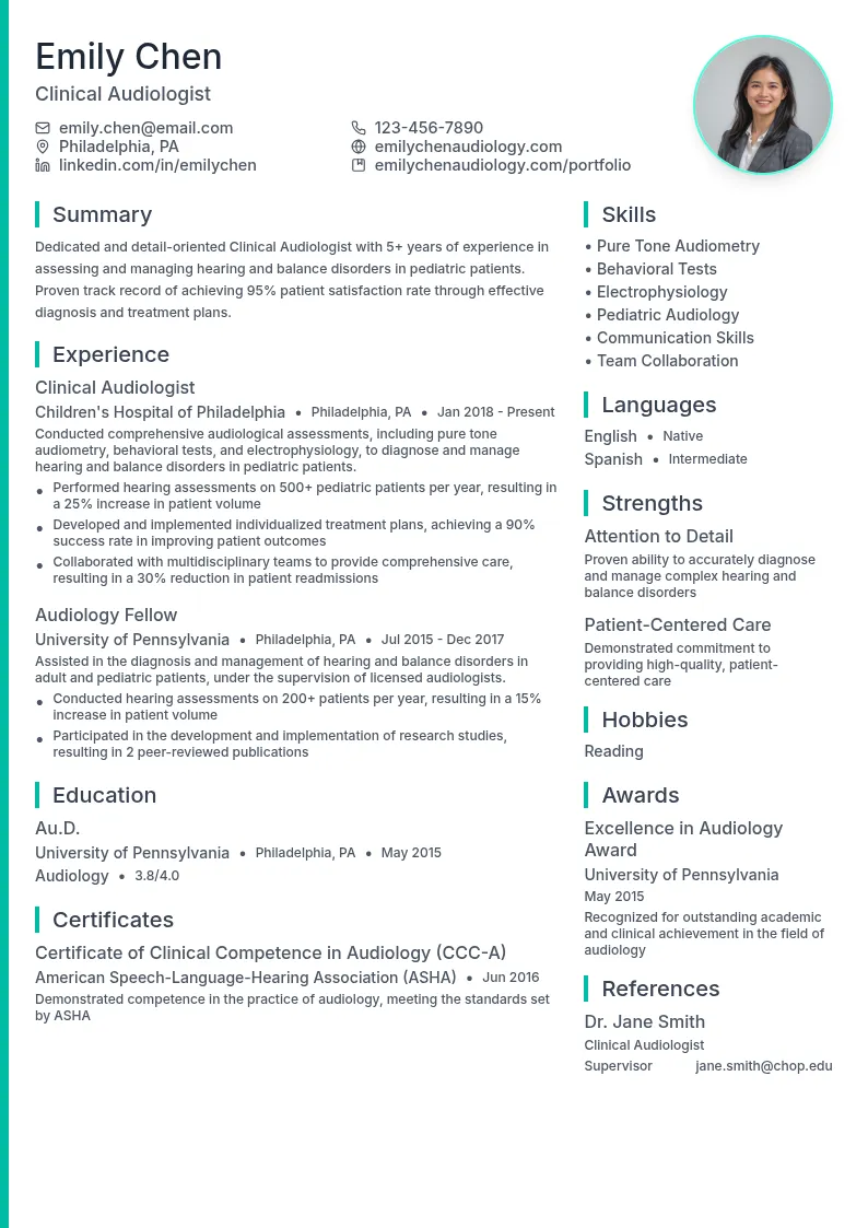 Clinical Audiologist, Pure Tones, Behavioural Tests, Electrophysiology, Pediatric resume example