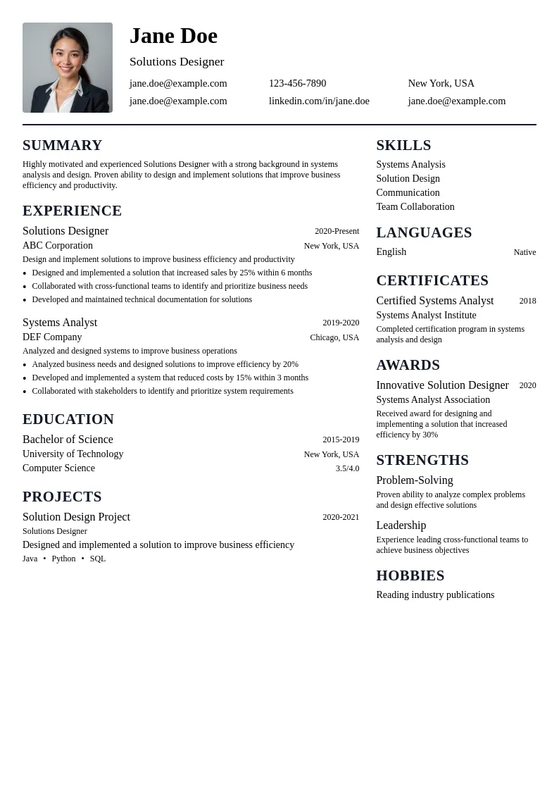Solutions Designer resume example